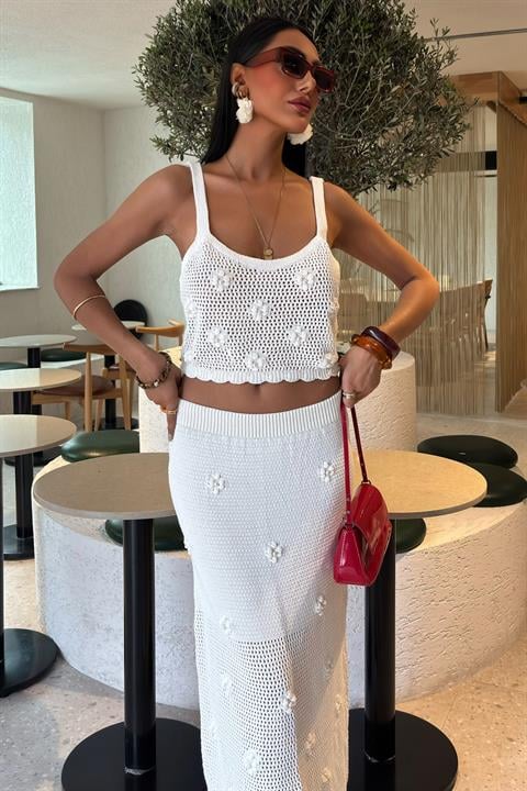 Pearl and Flower Detailed Bustier Knitwear Suit 10100