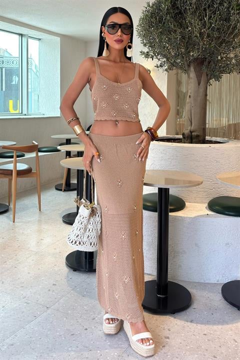 Pearl and Flower Detailed Bustier Knitwear Suit 10100