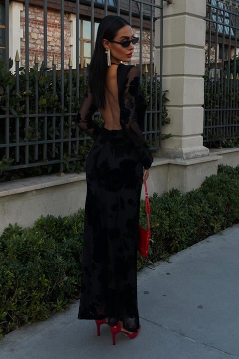 Velvet Printed Backless Lined Dress 2825