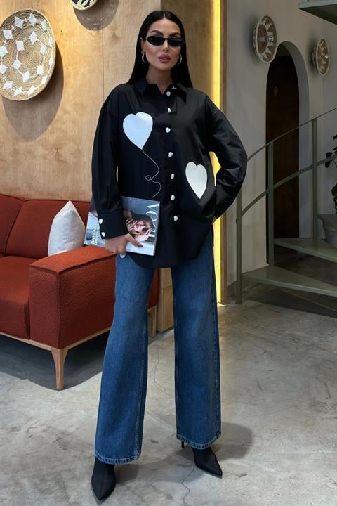 Heart Embroidered and Button Detailed Oversize Shirt 3430