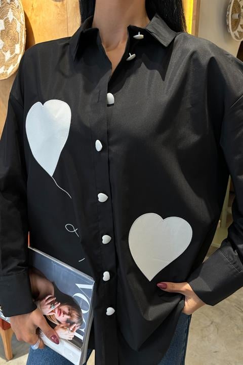 Heart Embroidered and Button Detailed Oversize Shirt 3430