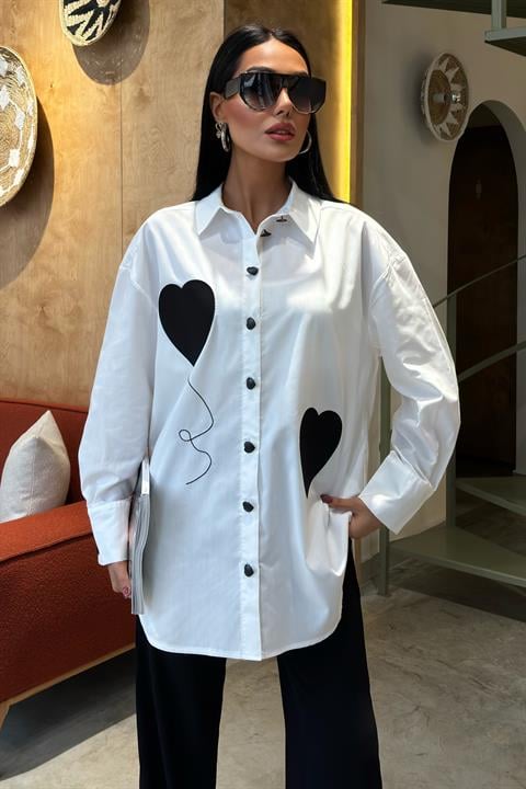 Heart Embroidered and Button Detailed Oversize Shirt 3430