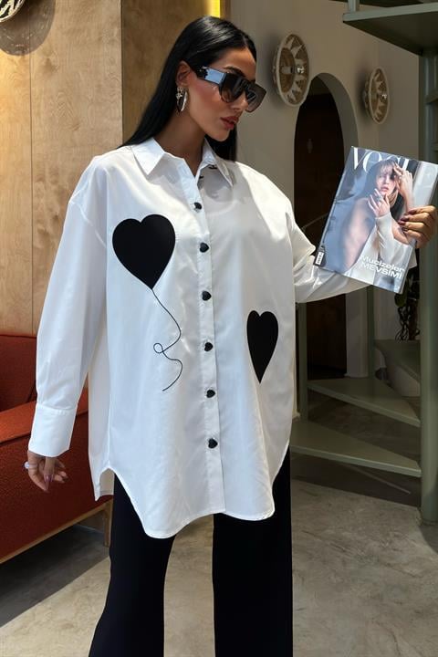 Heart Embroidered and Button Detailed Oversize Shirt 3430