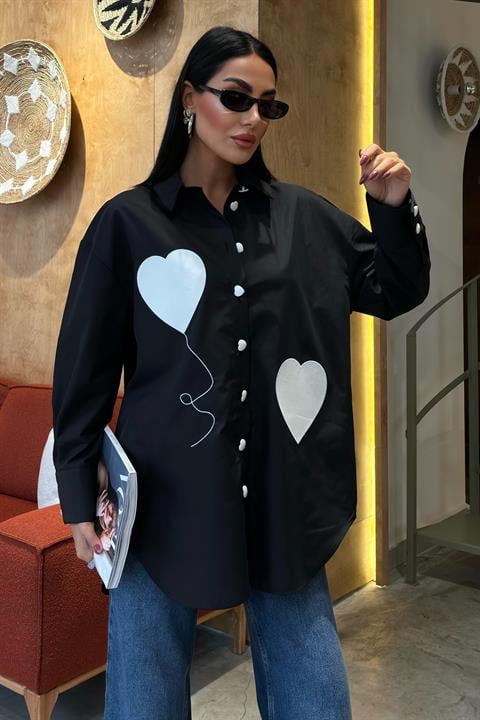 Heart Embroidered and Button Detailed Oversize Shirt 3430