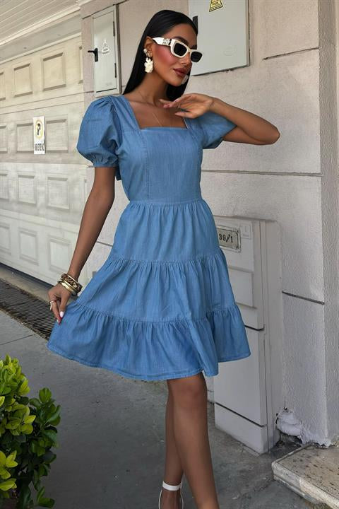 Square Collar and Gipe Detail Tencel Dress 2883