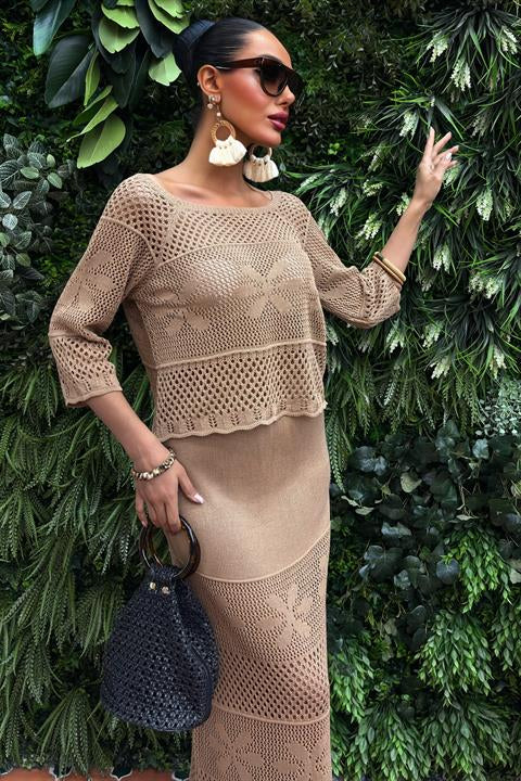 Boat Neck Half Sleeve Openwork Knitwear Suit 10093