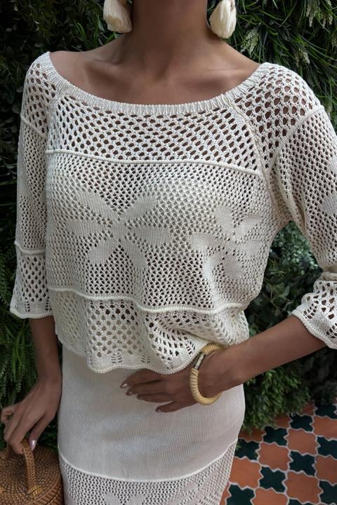 Boat Neck Half Sleeve Openwork Knitwear Suit 10093