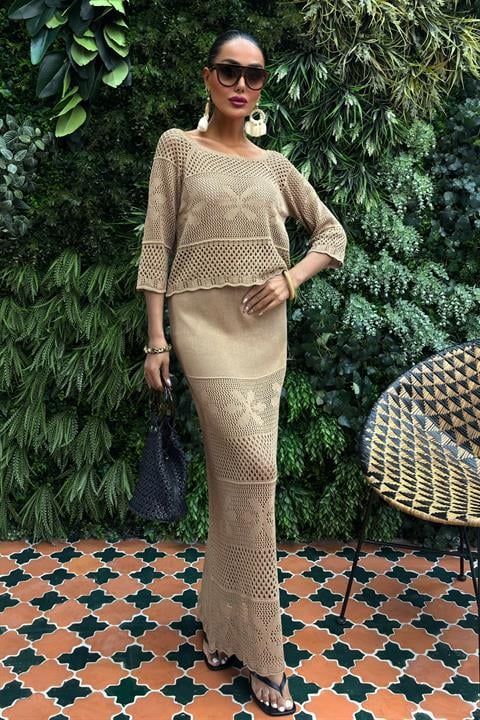 Boat Neck Half Sleeve Openwork Knitwear Suit 10093