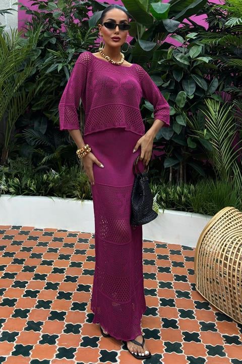 Boat Neck Half Sleeve Openwork Knitwear Suit 10093