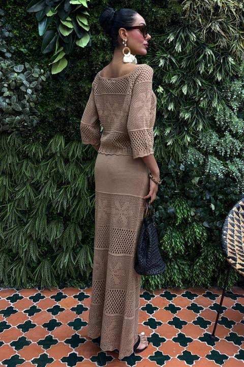 Boat Neck Half Sleeve Openwork Knitwear Suit 10093