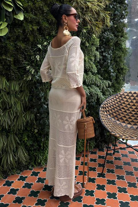 Boat Neck Half Sleeve Openwork Knitwear Suit 10093