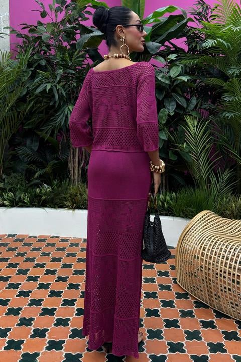 Boat Neck Half Sleeve Openwork Knitwear Suit 10093