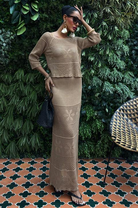 Boat Neck Half Sleeve Openwork Knitwear Suit 10093