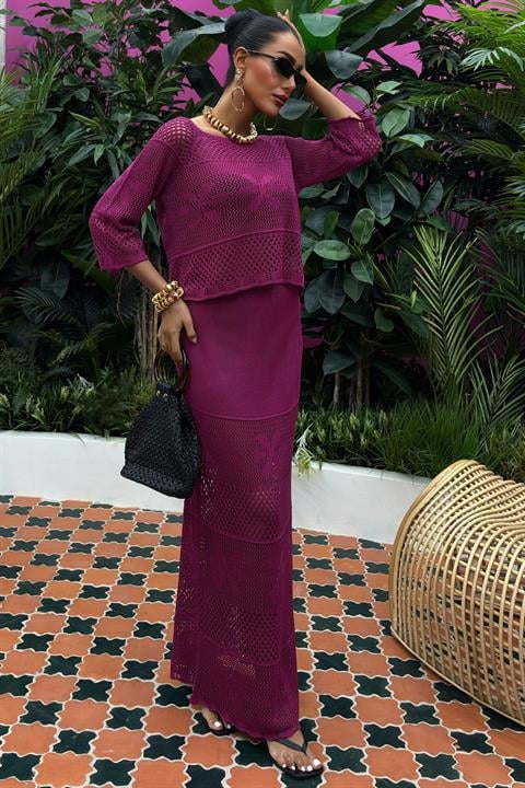 Boat Neck Half Sleeve Openwork Knitwear Suit 10093