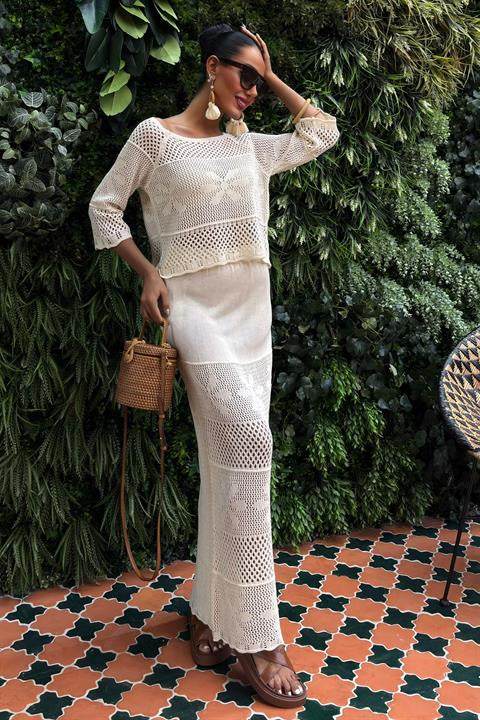 Boat Neck Half Sleeve Openwork Knitwear Suit 10093