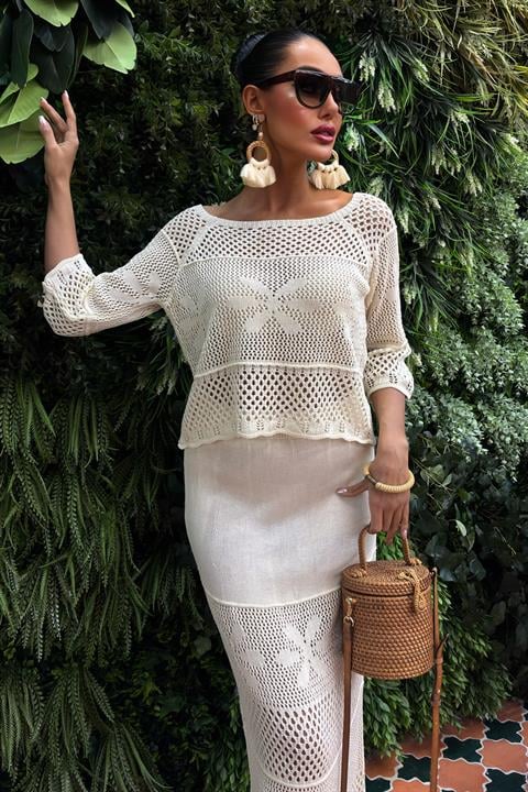 Boat Neck Half Sleeve Openwork Knitwear Suit 10093