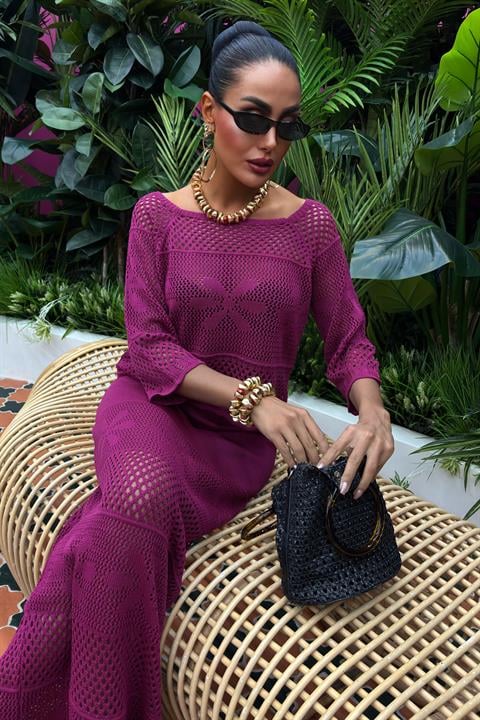 Boat Neck Half Sleeve Openwork Knitwear Suit 10093