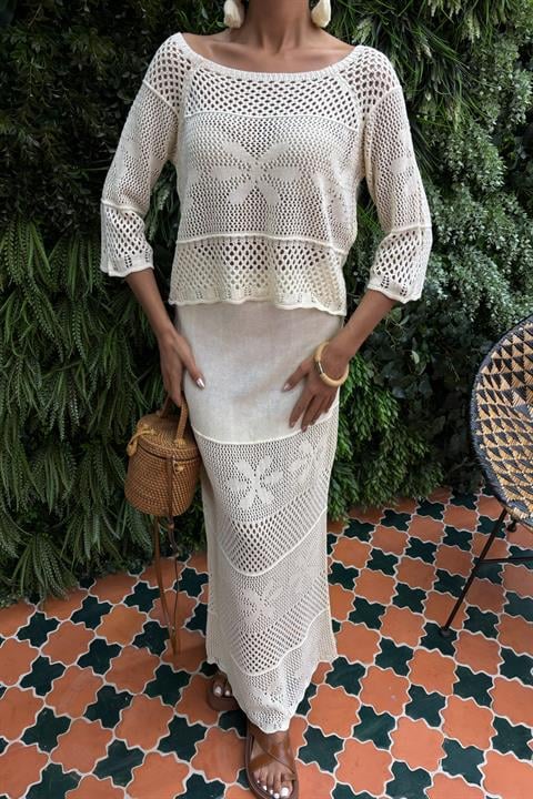 Boat Neck Half Sleeve Openwork Knitwear Suit 10093