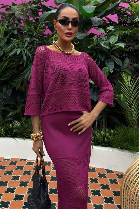 Boat Neck Half Sleeve Openwork Knitwear Suit 10093