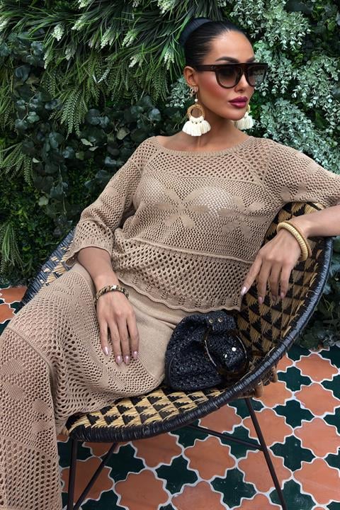 Boat Neck Half Sleeve Openwork Knitwear Suit 10093