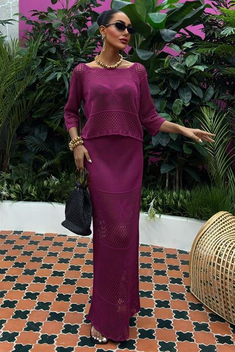 Boat Neck Half Sleeve Openwork Knitwear Suit 10093