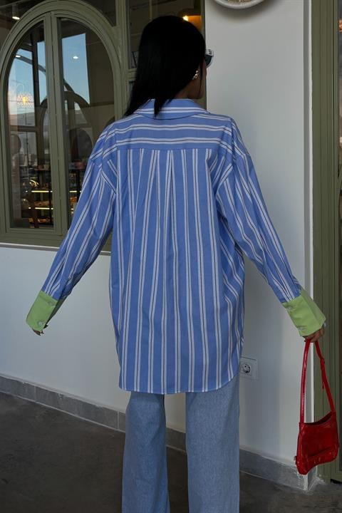 Sleeve Cuff Detail Striped Oversize Shirt 3405