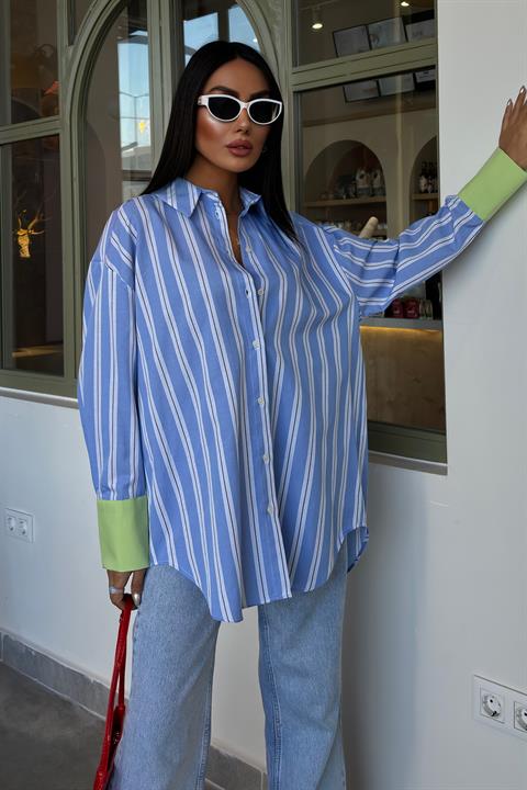 Sleeve Cuff Detail Striped Oversize Shirt 3405