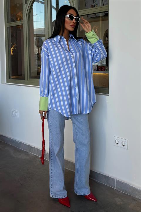 Sleeve Cuff Detail Striped Oversize Shirt 3405