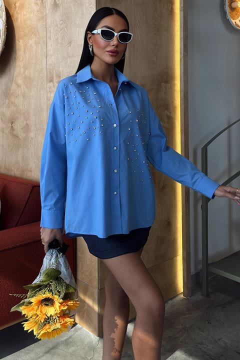 Crystal Stone Embellished Poplin Shirt 3413