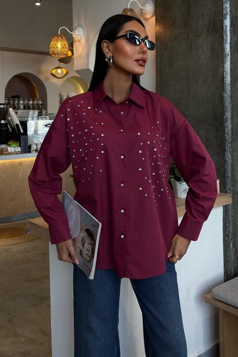 Crystal Stone Embellished Poplin Shirt 3413