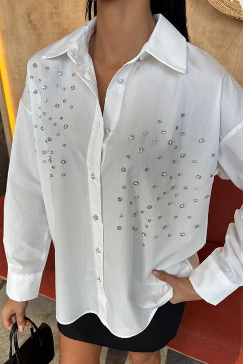 Crystal Stone Embellished Poplin Shirt 3413