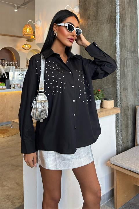 Crystal Stone Embellished Poplin Shirt 3413
