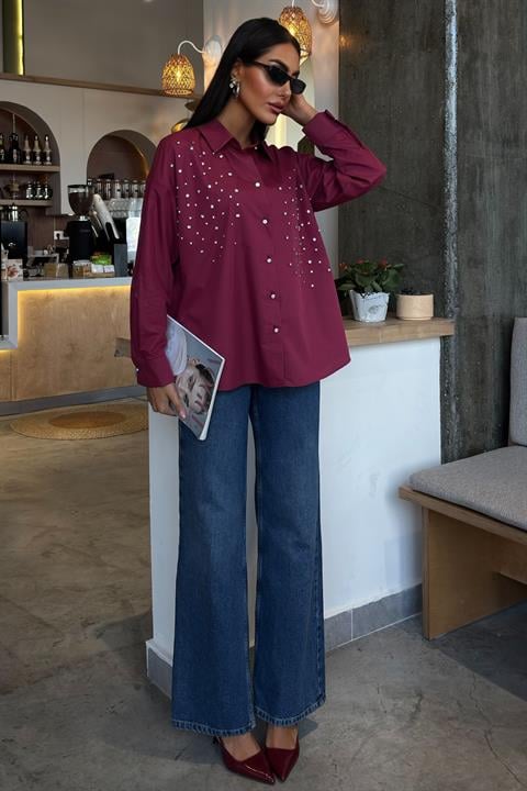 Crystal Stone Embellished Poplin Shirt 3413