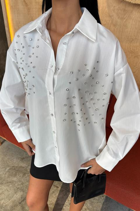 Crystal Stone Embellished Poplin Shirt 3413