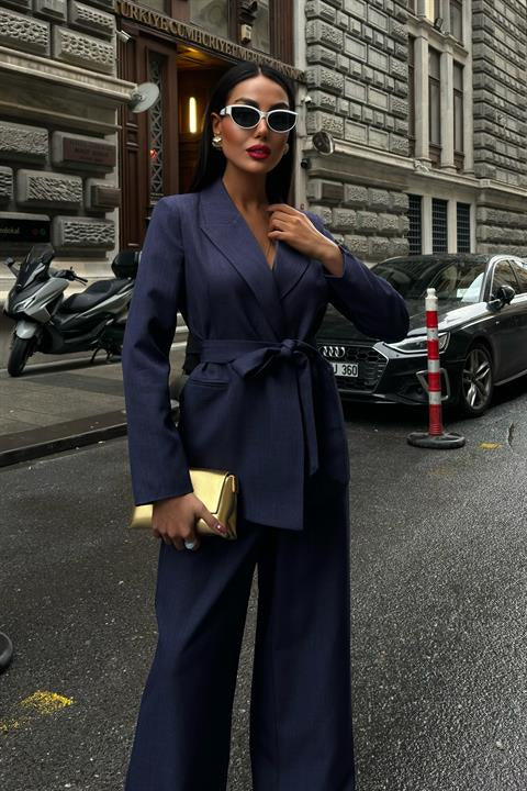 Belted Jacket and Belt Detailed Trouser Set 10022