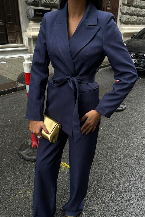 Belted Jacket and Belt Detailed Trouser Set 10022