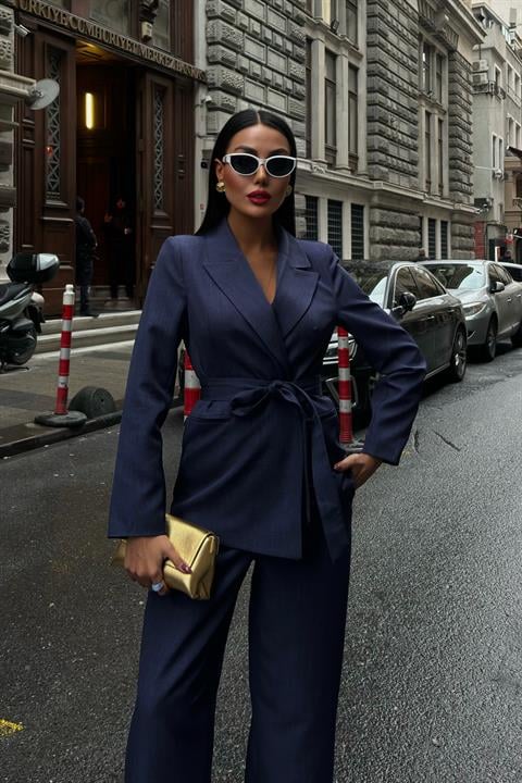 Belted Jacket and Belt Detailed Trouser Set 10022