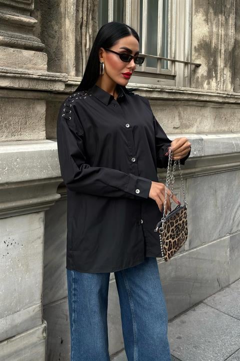 Poplin Shirt with Eyelet and Piping Detail 3419