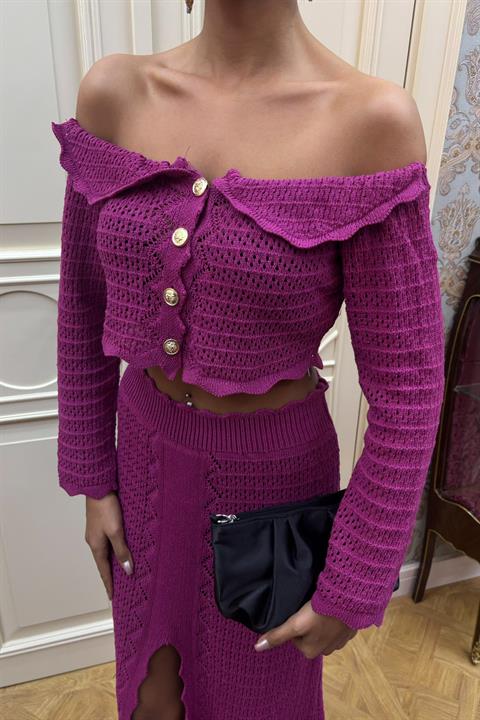 Madonna Collar Deep Slit Skirted Stylish Knitwear Suit 10099