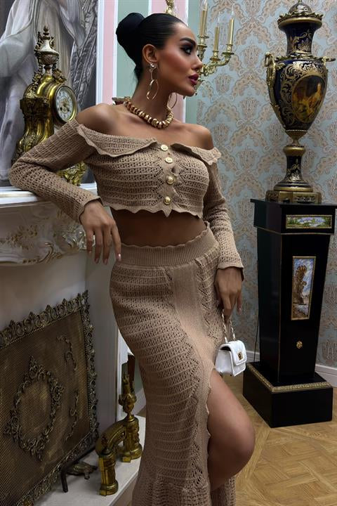 Madonna Collar Deep Slit Skirted Stylish Knitwear Suit 10099