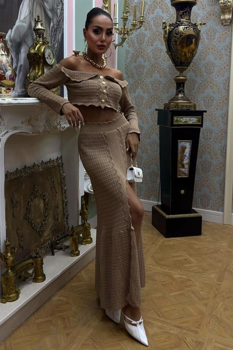 Madonna Collar Deep Slit Skirted Stylish Knitwear Suit 10099