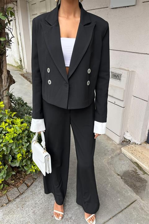 Garnished Cuffed Double Breasted Jacket Suit 10168