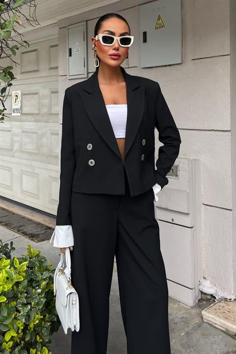 Garnished Cuffed Double Breasted Jacket Suit 10168