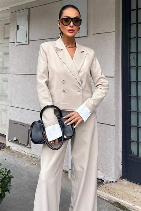 Garnished Cuffed Double Breasted Jacket Suit 10168