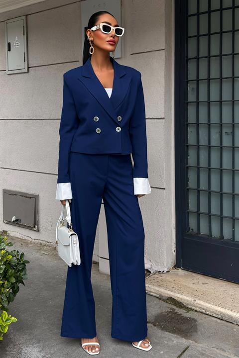 Garnished Cuffed Double Breasted Jacket Suit 10168