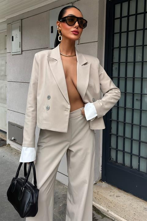 Garnished Cuffed Double Breasted Jacket Suit 10168