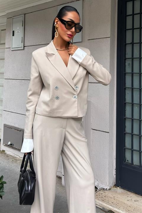 Garnished Cuffed Double Breasted Jacket Suit 10168