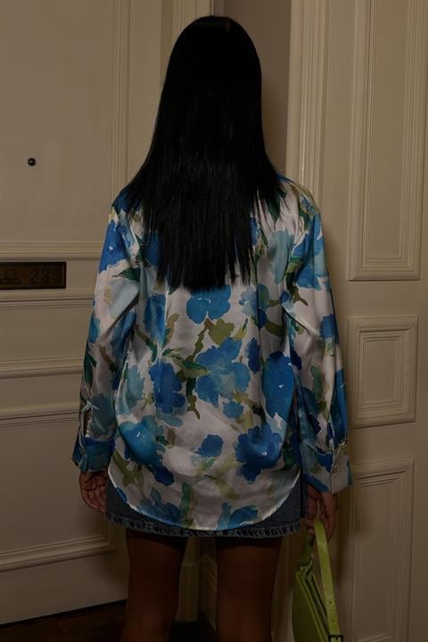 Blue Floral Satin Shirt 3417