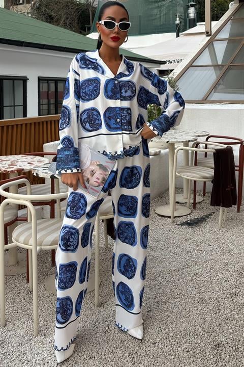 Blue Patterned Casual Satin Suit 10069
