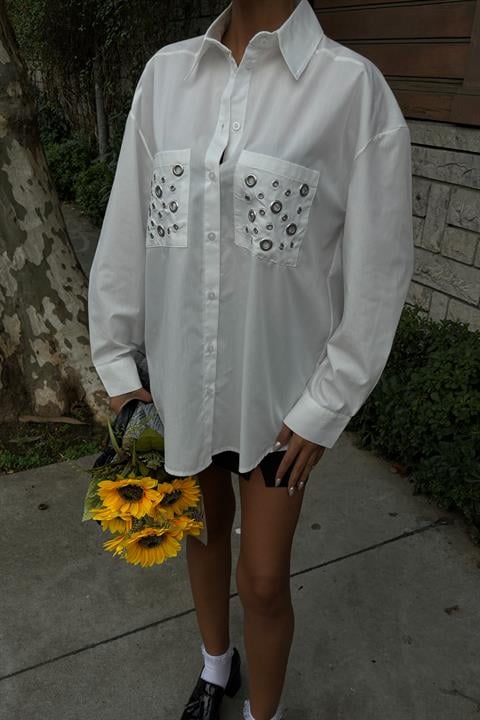Metal Eyelet Detail Poplin Shirt 3453